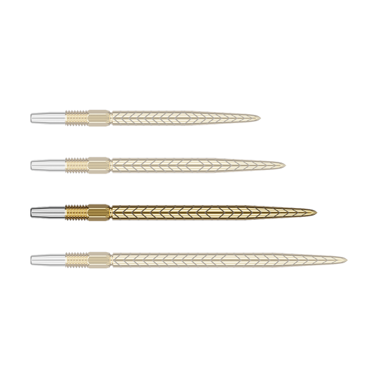 Target Swiss Point RVE dart tips - Gold Auf dem Bild sind vier goldene Dartspitzen mit einem Muster zu sehen. Sie liegen parallel nebeneinander auf einem grünen Hintergrund.