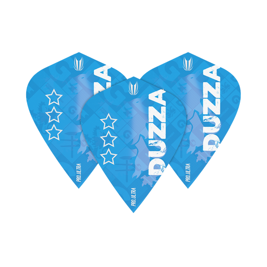 Das Bild zeigt drei blaue Dart-Flights mit dem Aufdruck "DUZZA" und mehreren weißen Sternen. Die Flights tragen den Namen "Target ProUltra Glen Durrant Kite Flights".