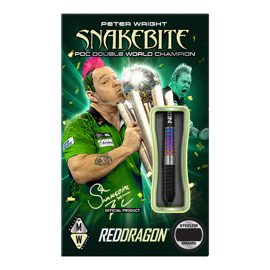 Red Dragon Peter Wright Corra steel darts Das Bild zeigt die Verpackung der "Red Dragon Peter Wright Corra Steeldarts". Auf der Verpackung ist Peter Wright mit einer Trophäe sowie ein Dartpfeil abgebildet.
