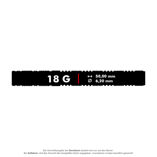 Das Bild zeigt die Produktbeschreibung der Trinidad Jose De Sousa Type 3 Softdarts mit einem Gewicht von 18 Gramm. Die Maße des Darts sind 50,00 mm Länge und 6,20 mm Durchmesser.