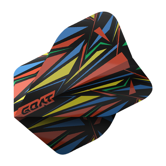 GOAT Athlete Red No2 Standard Flights Das Bild zeigt das Produkt "GOAT Athlete Red No2 Standard Flights". Die Dartflights haben ein auffälliges, buntes Zickzack-Muster mit roten, gelben, grünen und blauen Farben.