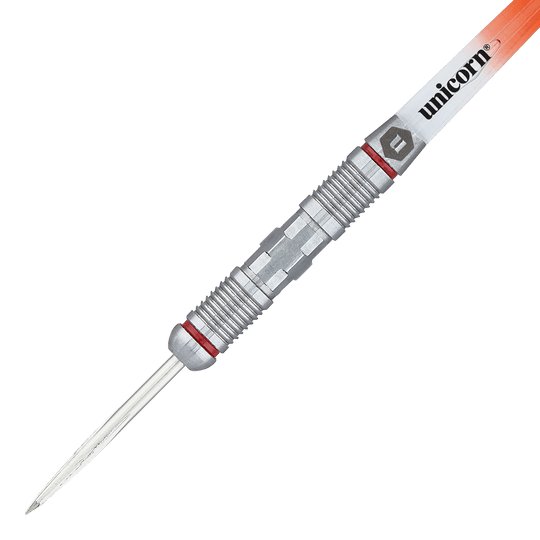 Unicorn Ballista Style 2 steel darts Das Bild zeigt einen Unicorn Ballista Style 2 Steeldart mit silbernem, strukturiertem Griff. Am oberen Teil ist das Unicorn-Logo auf einem orange-weißen Schaft zu sehen.