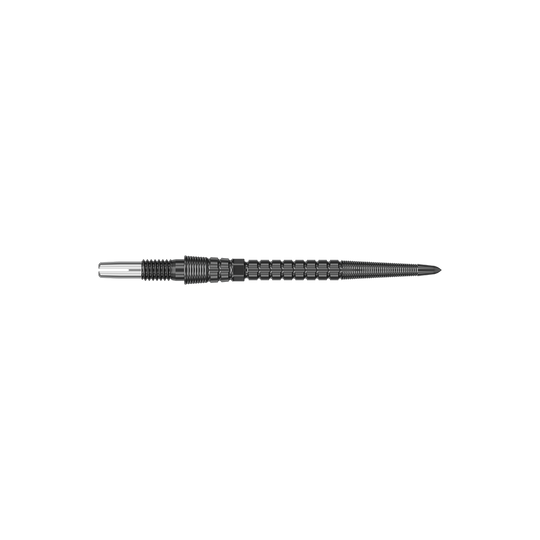 Ein schwarzes Dartspitzen-Set ist abgebildet. Die Spitzen sind in einer Reihe angeordnet.