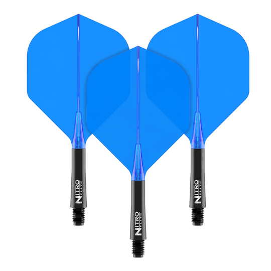 Red Dragon Nitroflite - Black Shaft Blue No2 Flights Das Bild zeigt drei blaue Dart-Flights mit schwarzen Schäften. Auf den Schäften steht der Schriftzug "Nitro Flite".