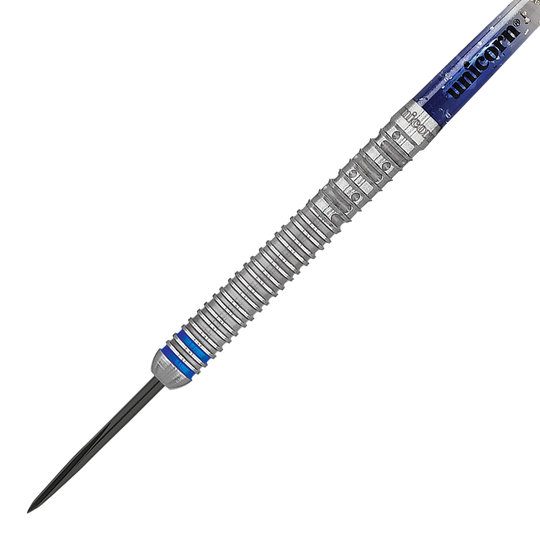 29020_Unicorn_W_C_Gary_Anderson_Phase_5_Steeldarts2 Das Bild zeigt einen steeldart mit silbernem, gerilltem Griff und einer blauen Verzierung. Auf dem oberen Teil des Darts steht der Markenname "Unicorn".