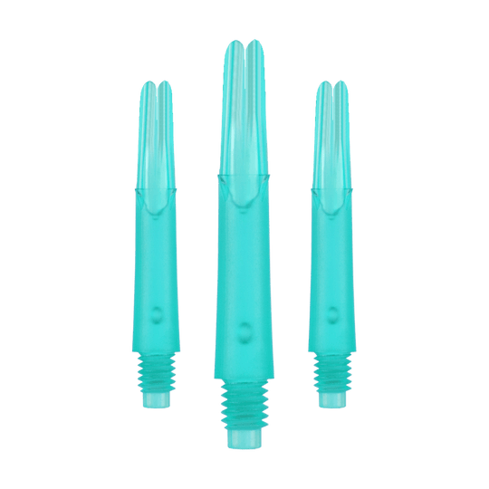 Das Bild zeigt drei türkisfarbene Dartshafts aus Kunststoff in einer Reihe. Sie haben ein gerades Design und sind unten mit einem Gewinde versehen.