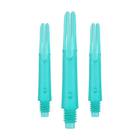 L-L-Style-Shafts Locked Straight - Emerald Das Bild zeigt drei türkisfarbene Dartshafts aus Kunststoff in einer Reihe. Sie haben ein gerades Design und sind unten mit einem Gewinde versehen.