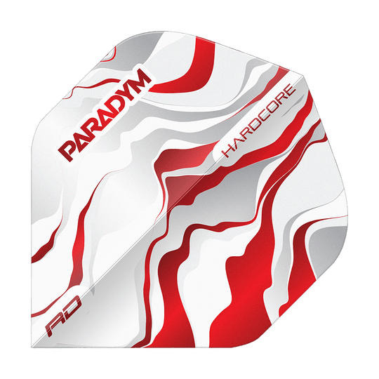 Abgebildet sind die Red Dragon Hardcore Premium Paradym Red Premium No2 Standard Flights. Diese Flights sind in Standardform und in einer roten Premium-Ausführung gestaltet.