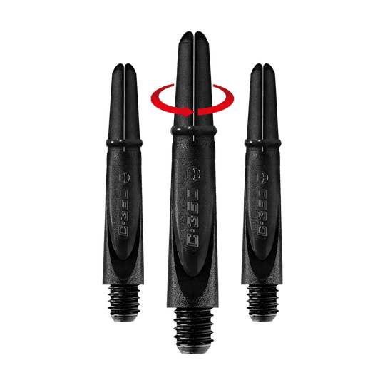 Das Bild zeigt drei schwarze Harrows Carbon 360 Shafts für Dartpfeile. Über dem mittleren Shaft ist ein roter Pfeil, der eine Drehbewegung anzeigt.