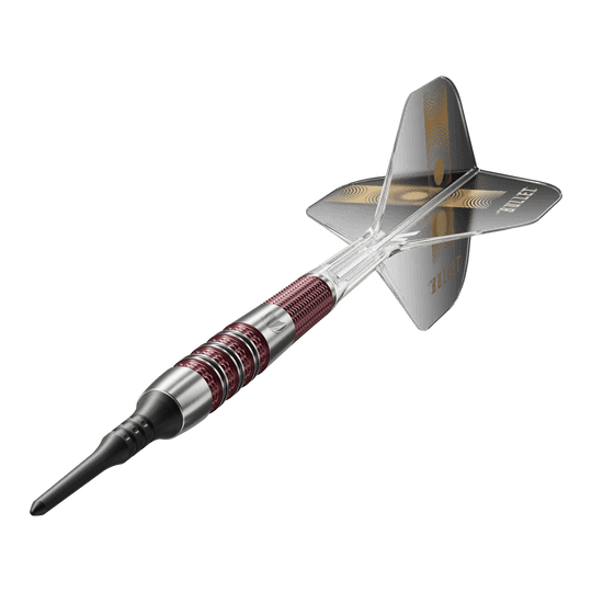 Das Bild zeigt einen Target Stephen Bunting 95K Softdart mit einem Gewicht von 19 Gramm. Der Dartpfeil hat ein schwarzes Flight mit goldenen Verzierungen und einen rot-silbernen Griff.