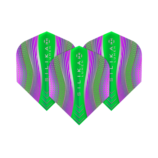 Das Bild zeigt drei Harrows Silika Lumen Purple Green No6 Flights. Die Flights sind in leuchtenden Grün- und Lilatönen mit modernen Mustern gestaltet.