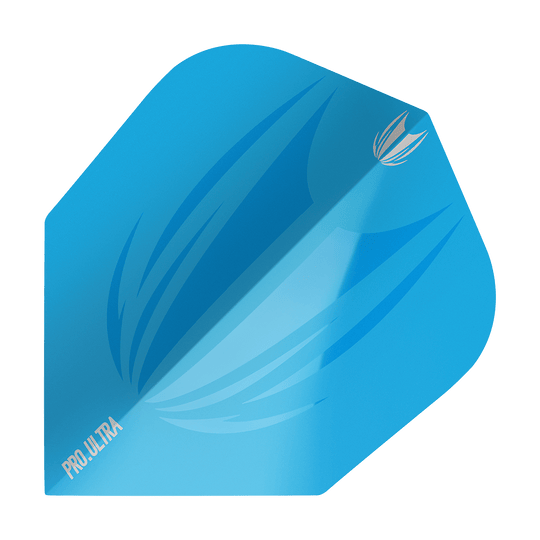 Das Bild zeigt ein blaues Dart-Flügel-Produkt namens "Target ProUltra ID Lime Blue No6 Flights". Auf dem Flight sind stilisierte Grafiken und das Wort "PRO.ULTRA" zu sehen.
