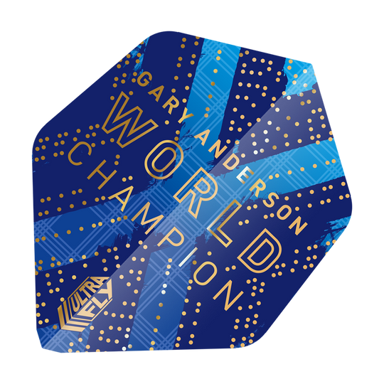 69454_Unicorn_World_Champion_Gary_Anderson_Phase_6_AR2_Flights_2 Das Bild zeigt ein Dart-Flights mit einem blauen Design und goldenen Punkten. Auf dem Flight steht "Gary Anderson World Champion" und das "Ultrafly"-Logo ist ebenfalls sichtbar.