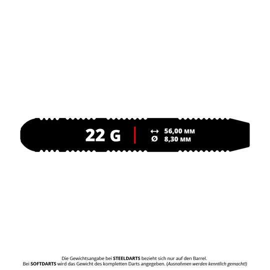 Das Bild zeigt die Maße des Produkts "Target Josh Rock Brass Steeldarts - 22g". Der Dart wiegt 22 Gramm, ist 56,00 mm lang und hat einen Durchmesser von 8,30 mm.