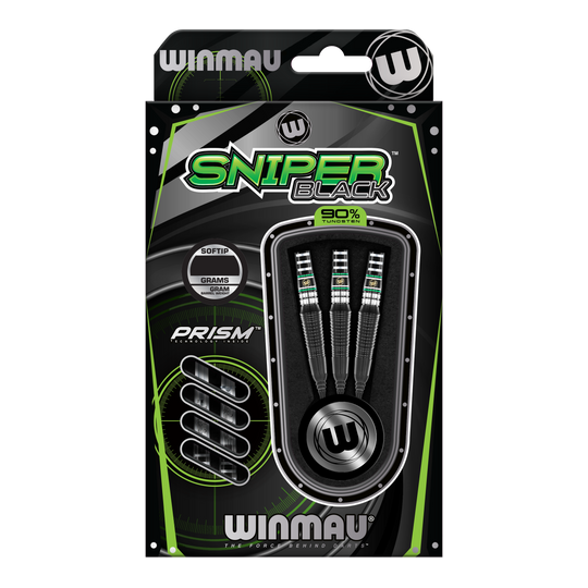 Winmau Sniper Black 2025 soft darts - 20g Die Abbildung zeigt die Winmau Sniper Black 2025 Softdarts mit einem Gewicht von 20 Gramm. Die Verpackung ist in Schwarz und Grün gehalten und enthält drei Softdarts mit 90% Tungsten.