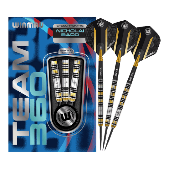 Das Bild zeigt die Winmau Team 360 Nicholai Bado Steeldarts mit 23 Gramm. Diese Darts sind für Präzision und Leistung im Spiel entwickelt.