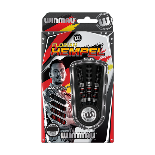2466_Winmau_Florian_Hempel_Softdarts_3 Die Abbildung zeigt die Verpackung der "Winmau Florian Hempel Softdarts - 21g". In der Packung sind drei schwarze Softdarts mit roten und silbernen Akzenten zu sehen.