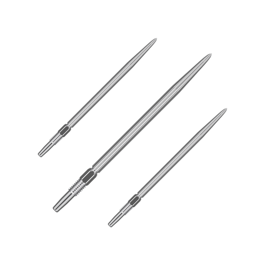 Target Swiss Point Nano Dart Tips - Silver Das Bild zeigt drei silberne Dartspitzen, die nebeneinander angeordnet sind. Sie sind lang, schmal und haben gerillte Bereiche am hinteren Ende.