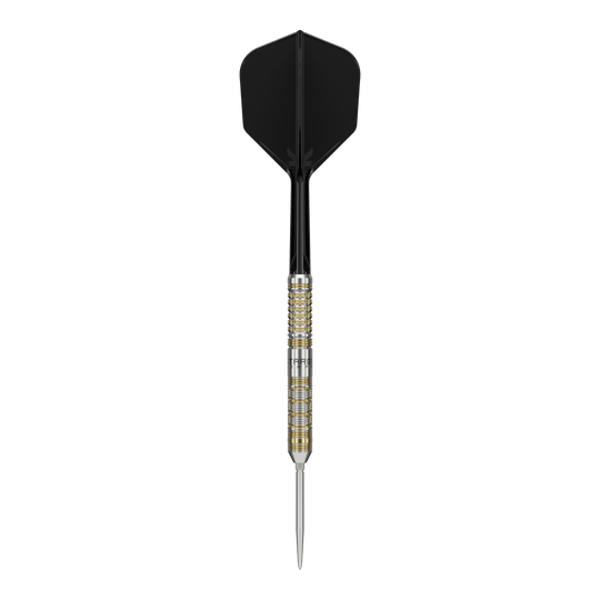 Das Bild zeigt einen Steeldart mit schwarzem Flight und gold-silbernem Barrel. Es handelt sich um das Produkt "Target Japan Black Marque Reyn GEN2 Steeldarts".