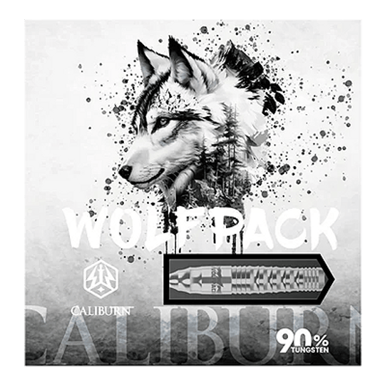 Caliburn Wolfpack W3 Steeldarts - 21g Das Bild zeigt die Verpackung der Caliburn Wolfpack W3 Steeldarts mit einem Wolf als Motiv. Die Darts bestehen zu 90 % aus Tungsten und wiegen 21 Gramm.