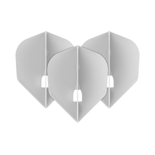 L-Style Flights Champagne - L3PRO Shape Auf dem Bild sind drei weiße Dart-Flights in einer V-Form angeordnet. Die Flights haben jeweils eine leicht durchsichtige Optik und eine standardisierte Pfeilform.