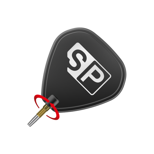 Target Swiss Firepoint Gold dart tips Das Bild zeigt eine schwarze Dart-Flightscheibe mit dem weißen Aufdruck "SP". Darunter ist eine goldene Dartspitze mit einem roten Pfeil, der eine Drehbewegung anzeigt.