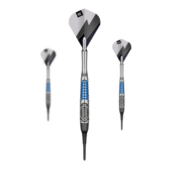 Target Phil Taylor Power X Chrono soft darts Das Bild zeigt die Target Phil Taylor Power X Chrono Softdarts. Diese Softdarts sind für elektronische Dartboards geeignet.