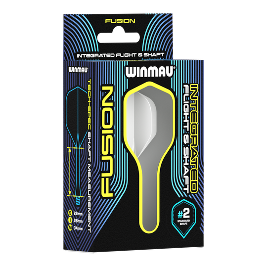 Winmau Fusion Flight Shaft System Standard White Auf dem Bild ist eine Verpackung des Winmau Fusion Integrated Flight & Shaft Systems in Weiß zu sehen. Die Verpackung zeigt einen 22 mm langen Schaft mit der Standardform #2.