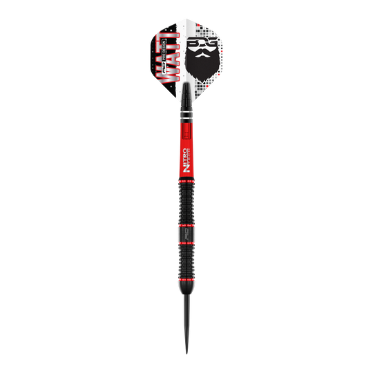 Red Dragon Jason Watt Steel Darts - 22g Das Bild zeigt den "Red Dragon Jason Watt Steeldart - 22g". Der Dartpfeil hat ein auffälliges Design in Schwarz, Rot und Weiß mit dem Namen „Watt“ und einem Bartmotiv auf der Flights.