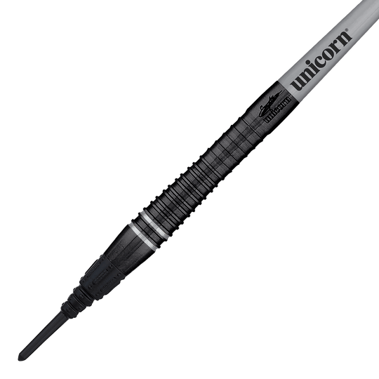 Unicorn World Champion Gary Anderson Noir Phase 6 Soft Darts Das Bild zeigt einen Unicorn World Champion Gary Anderson Noir Phase 6 Softdart. Der Dart hat ein elegantes, schwarzes Design mit dem Aufdruck "unicorn" auf dem Schaft.
