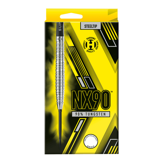 Die Abbildung zeigt die Harrows NX90 Tapered Quick Point Steeldarts. Diese Darts sind speziell für Genauigkeit und Kontrolle konzipiert.