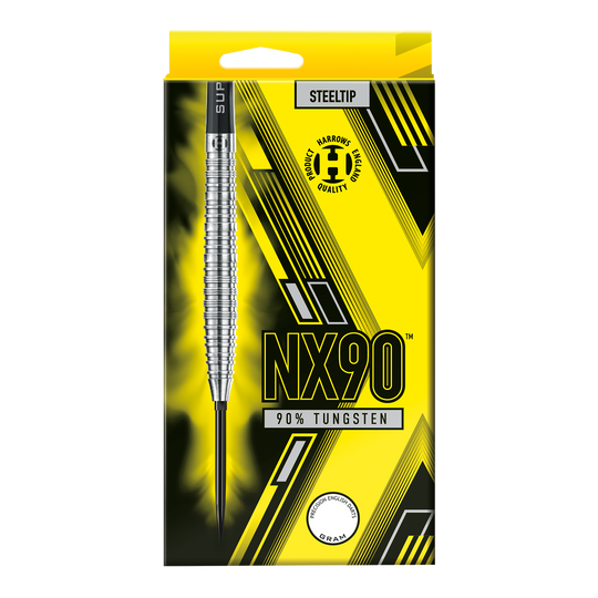 Harrows NX90 Tapered Quick Point Steel Darts Die Abbildung zeigt die Harrows NX90 Tapered Quick Point Steeldarts. Diese Darts sind speziell für Genauigkeit und Kontrolle konzipiert.