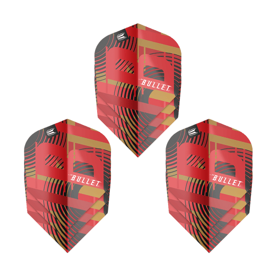 Target Pro Ultra Stephen Bunting GEN5 No6 Flights - 3 Sets Das Bild zeigt drei Sets von Target Pro Ultra Stephen Bunting GEN5 No6 Flights. Die Flights haben ein auffälliges Design in Rot, Schwarz und Gold mit dem Schriftzug "Bullet".