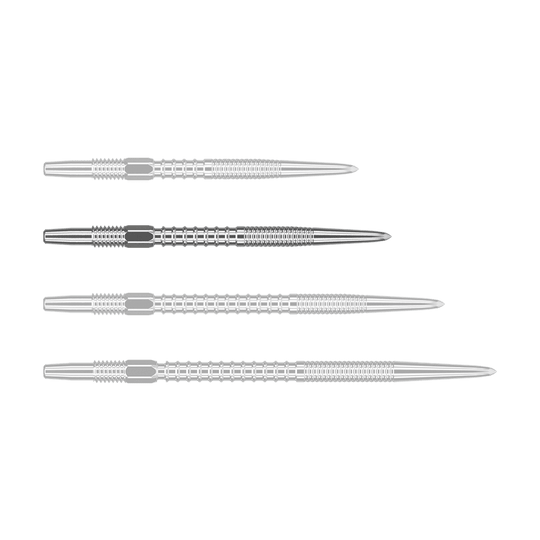 Target Swiss Firepoint Silver dart tips Auf dem Bild sind vier silberne Dartspitzen nebeneinander zu sehen. Sie haben eine geriffelte Oberfläche und sind spitz zulaufend.