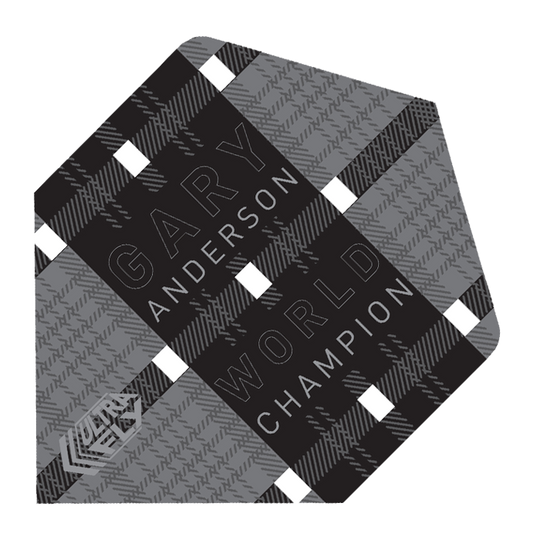 68870-Unicorn-UltraFly-Player-Big-Wing-Gary-Anderson-Black Das Bild zeigt ein schwarzes Dart-Flügel-Design mit einem karierten Muster. Auf dem Flight steht "Gary Anderson World Champion" geschrieben.