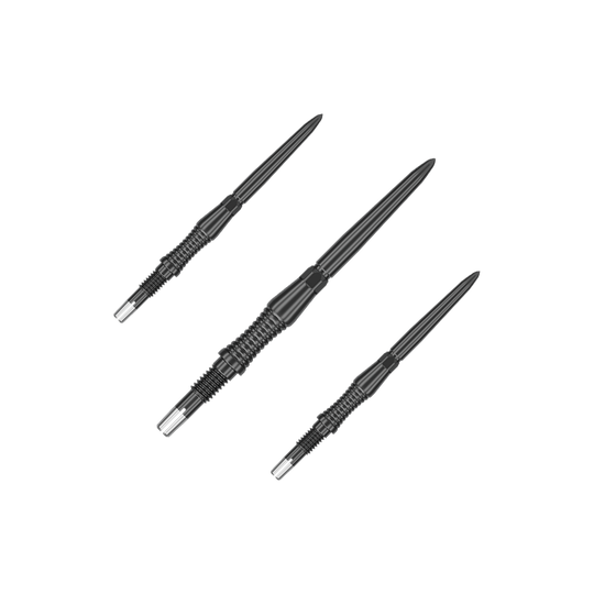 Target Swiss Point Dart Tips Signature RST - Black Das Bild zeigt schwarze Dartspitzen mit RST-Design, 30mm, von Target Swiss Point. Die Aufnahme präsentiert die Spitzen als Set.
