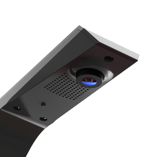 GranDarts Gran Eye GEN2 Steeldart auto scoring system Das Bild zeigt das GranDarts GranEye Steeldart Auto-Scoring-System. Zu sehen ist eine Nahaufnahme des Geräts mit einer Kamera und Belüftungsschlitzen.