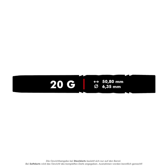RD2542_Red_Dragon_Gerwyn_Price_Avalanche_Pro_Softdarts_5_20g Das Bild zeigt die Produktinformation für die Red Dragon Gerwyn Price Avalanche Pro Softdarts mit einem Gewicht von 20 g. Die Maße des Darts sind 50,80 mm Länge und 6,35 mm Durchmesser.