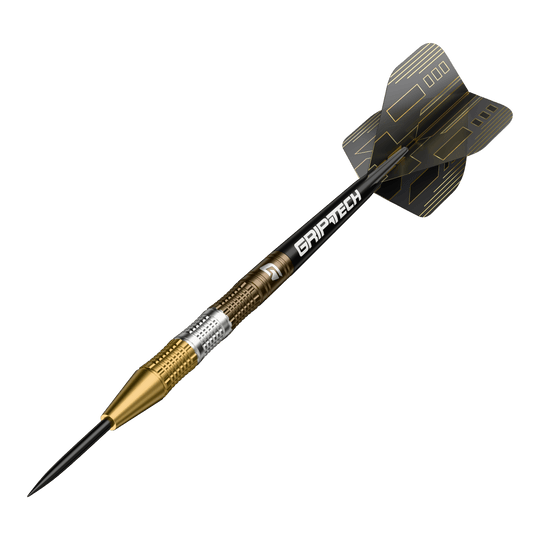 GOAT Ceremony Tungsten Steel Darts Der GOAT Ceremony Tungsten Steeldart ist ein hochwertiger Dartpfeil mit goldenen und silbernen Elementen. Auf dem Schaft steht das Wort "GRIPTECH" und die Flights sind schwarz mit goldenen Linien gestaltet.