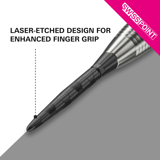 Target Swiss Storm Onyx Point Dart Tips - Black Das Bild zeigt die schwarze Target Swiss Storm Onyx Point Dartspitze. Die Spitze verfügt über ein lasergeätztes Design für verbesserten Fingergriр.