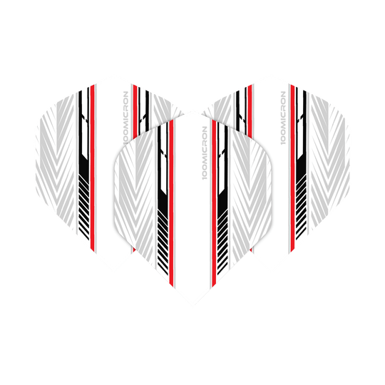 Das Bild zeigt die Pentathlon White Black Red No2 Standard Flights. Die Flights haben ein weißes Grunddesign mit schwarzen und roten Streifen sowie grafischen Mustern.