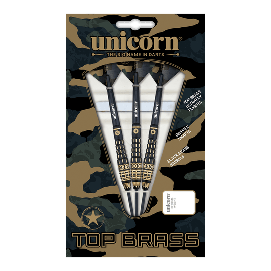 Das Bild zeigt die "Unicorn Top Brass V4 Steeldarts - 20g" in ihrer Verpackung. Die Darts haben schwarze und goldene Akzente und sind für präzises Werfen konzipiert.