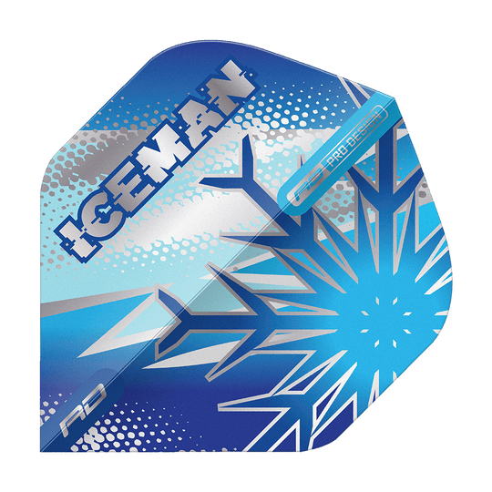 Das Bild zeigt ein Dart-Flight mit frostigem, blauem Design und einer großen Schneeflocke. Auf dem Flight steht das Wort "ICEMAN" in auffälligen Lettern.