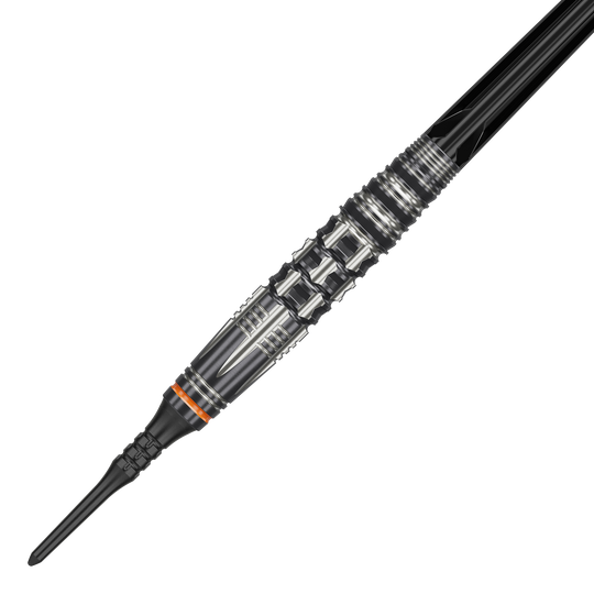 Target Japan Black Marque Dancing Duck GEN 4 Soft Darts - 17g Das Bild zeigt einen Target Japan Black Marque Dancing Duck GEN 4 Softdart mit einem Gewicht von 17g. Der Dartpfeil hat ein auffälliges silber-schwarzes Design mit vielen feinen Details und einem orangefarbenen Ring.