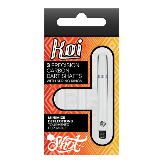 Shot Koi Carbon Shafts - White Die Verpackung zeigt drei präzise Carbon-Dartschäfte mit Sprengringen der Marke Koi. Sie sind darauf ausgelegt, Ablenkungen zu minimieren und sind für hohe Schlagfestigkeit verstärkt.