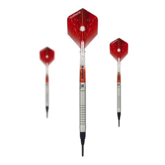 Unicorn Core XL Striker Style 1 Soft Darts - 19g Das Bild zeigt drei Softdarts des Modells "Unicorn Core XL Striker Style 1" mit einem Gewicht von 19g. Die Flights der Darts sind rot mit einem Blitzdesign, und die Schäfte sind silbern.