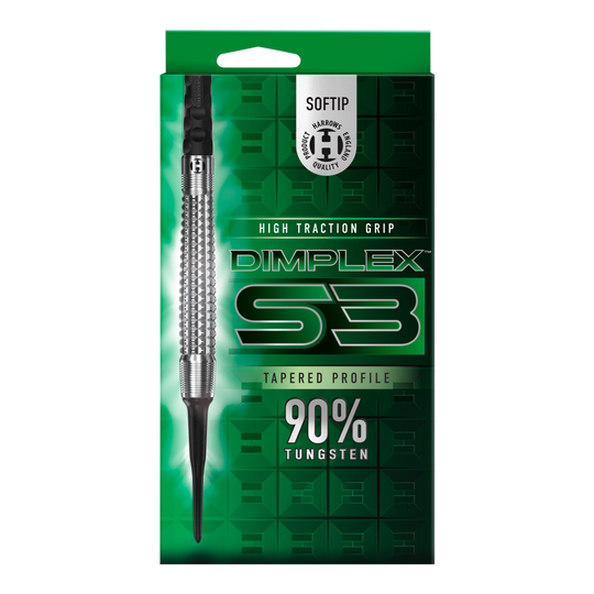 Harrows Dimplex S3 Tapered Soft Darts Das Bild zeigt die Verpackung der "Harrows Dimplex S3 Tapered Softdarts". Auf der Packung steht, dass die Darts einen hohen Grip und einen 90%igen Tungsten-Anteil haben.