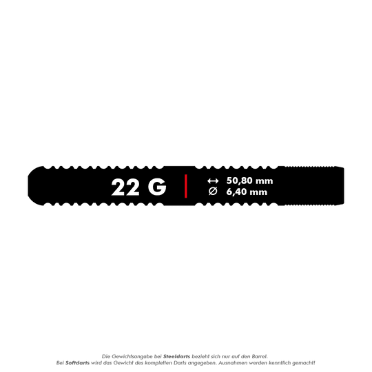 Target Sebastian Bialecki GEN1 Swiss Point Steeldarts - 22g Das Bild zeigt die Maße eines Steeldart-Barrels mit einem Gewicht von 22 Gramm. Die Länge beträgt 50,80 mm und der Durchmesser 6,40 mm.