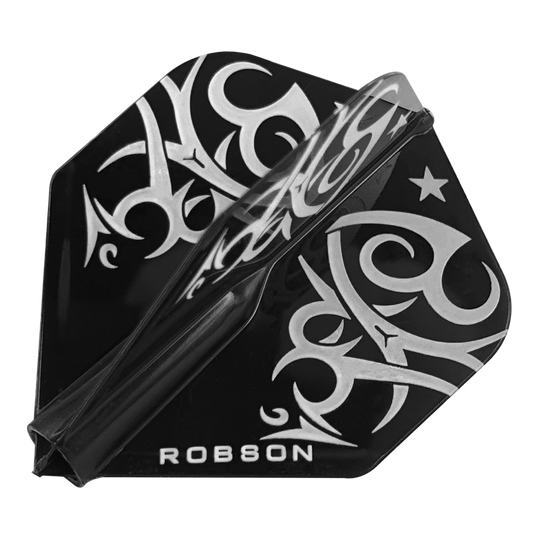 Das Bild zeigt den Robson Plus Tribe Standard Flight, ein Zubehör für Dartpfeile. Das Design ist schwarz mit auffälligen silbernen Tribal-Mustern und dem Schriftzug "ROBSON".