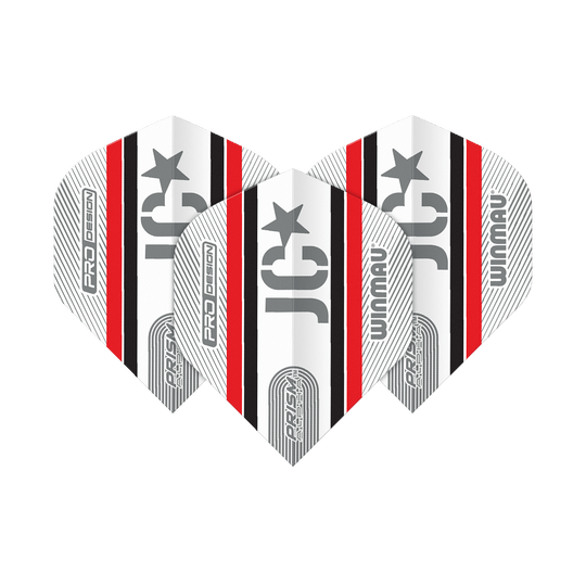 Winmau Alpha Joe Cullen Cullen 85 Standard Flights Das Bild zeigt drei Winmau Alpha Joe Cullen 85 Standard Flights für Darts. Sie sind überwiegend weiß mit schwarzen und roten Streifen sowie silbernen Aufdrucken.